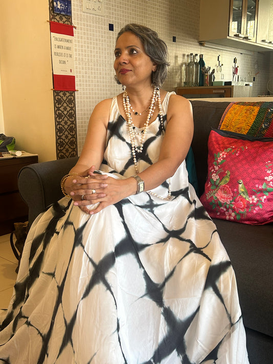 HAND DYED CLAMP PRINT A LINE DRESS IN MUSLIN.