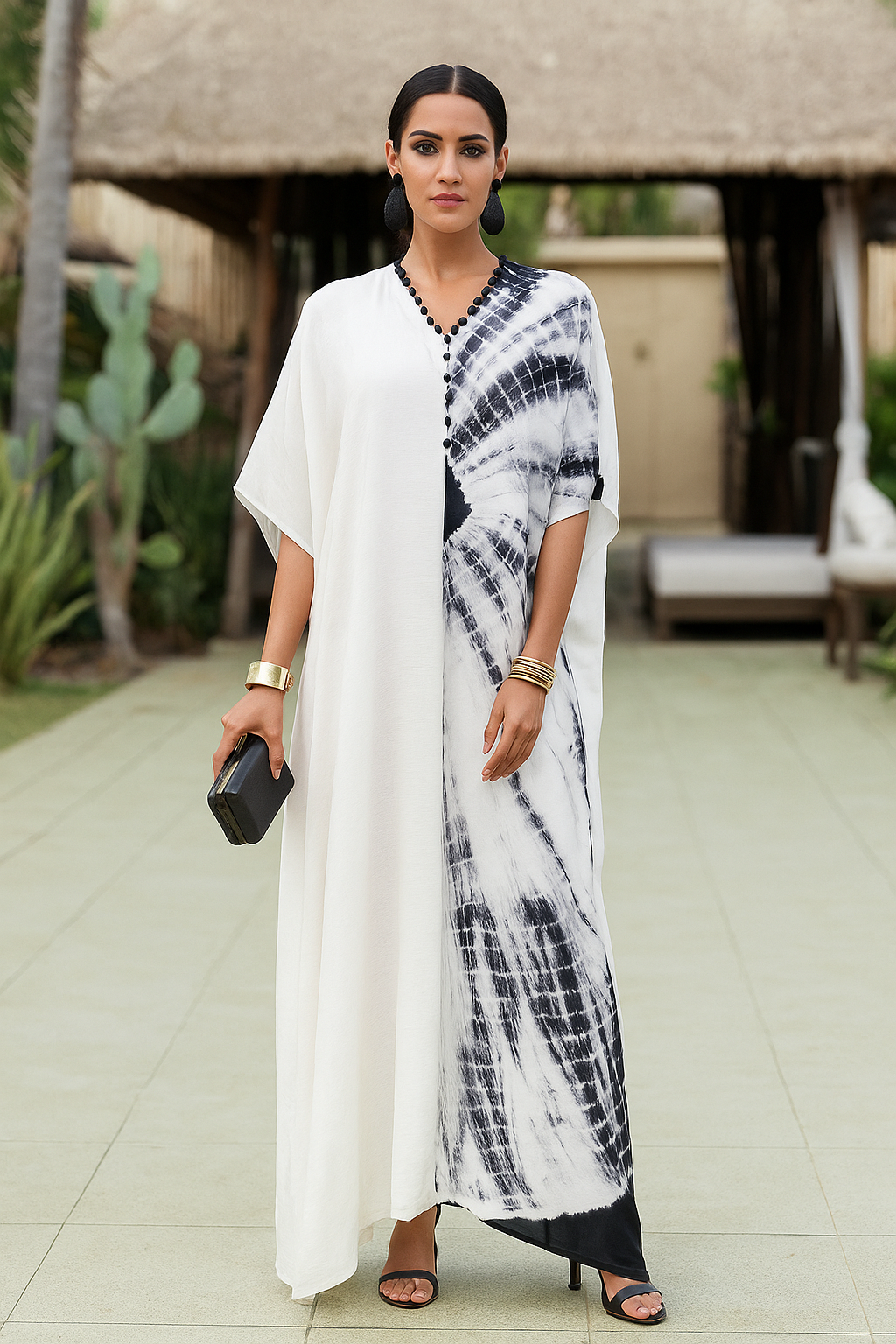 HAND DYED MOTIF KAFTAN IN MUSLIN SILK.