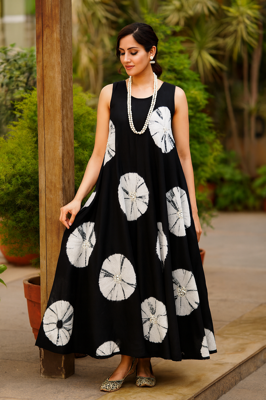 HAND DYED MOTIF A LINE DRESS IN MULMUL.