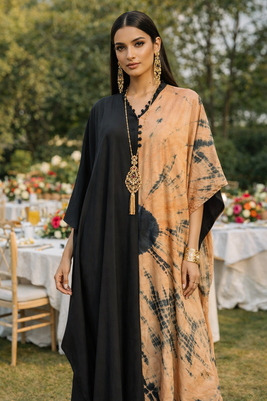 HAND DYED MOTIF KAFTAN IN SILK.