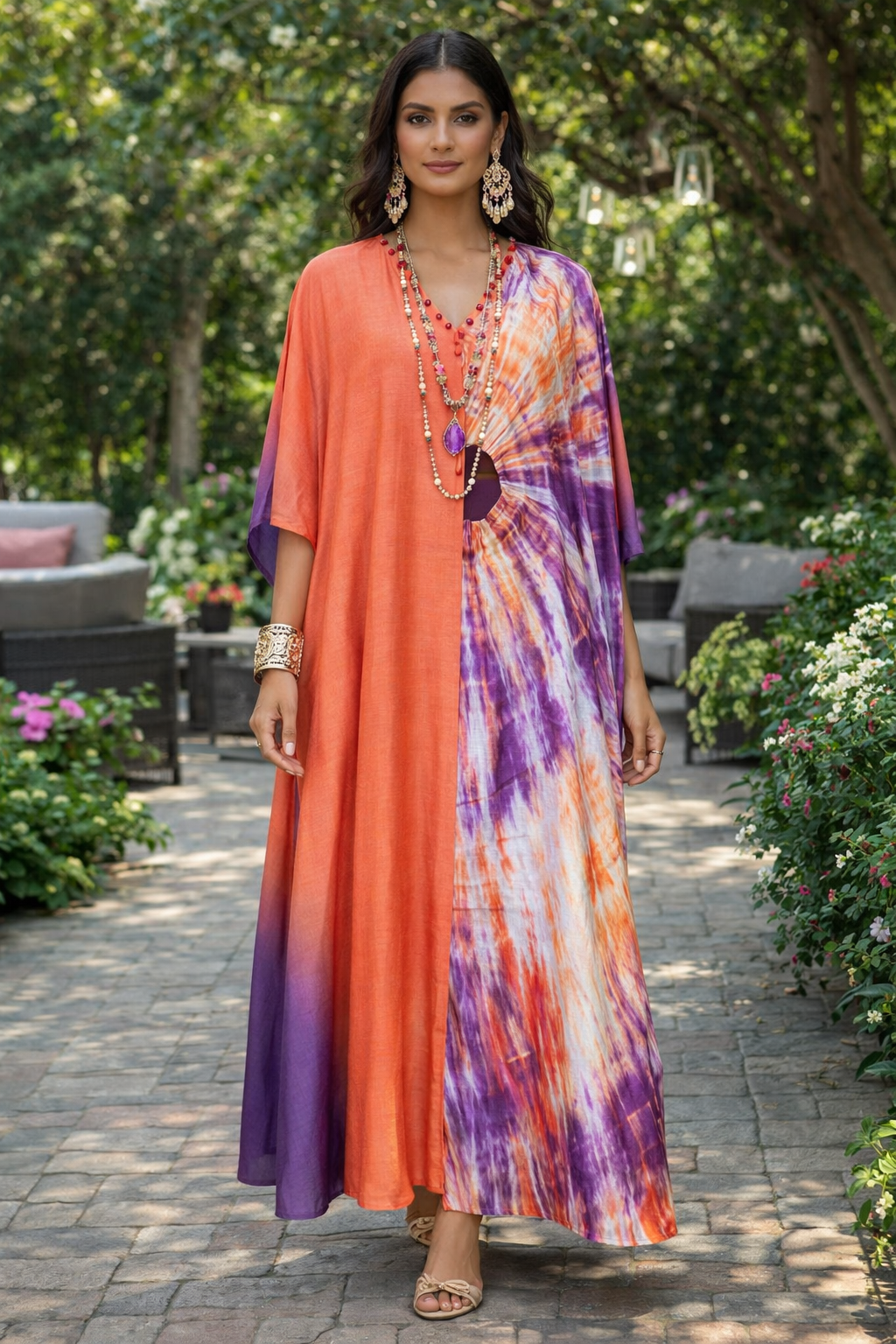 HAND DYED MOTIF KAFTAN IN MUSLIN SILK.