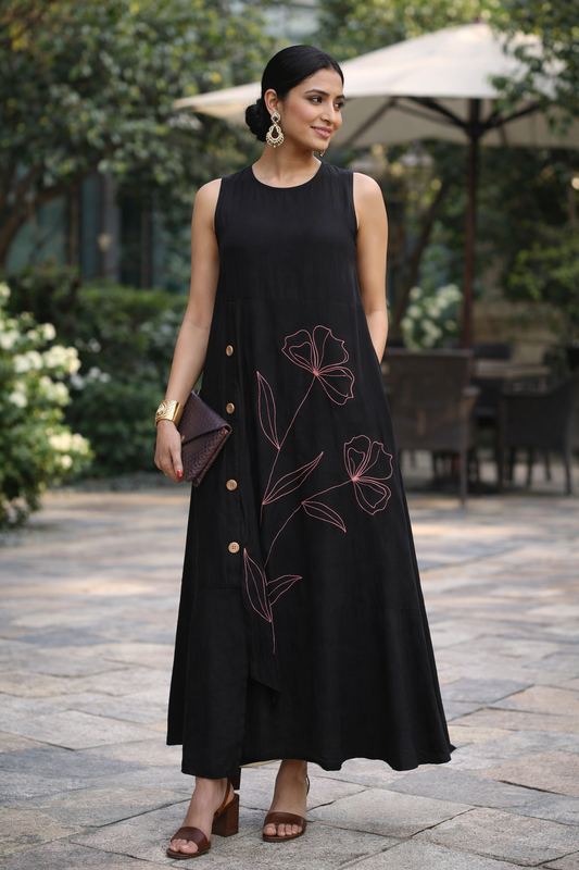 A LINE LONG EMBROIDERED KHADI DRESS IN BLACK.