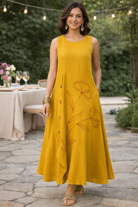 A LINE LONG EMBROIDERED KHADI DRESS IN YELLOW.