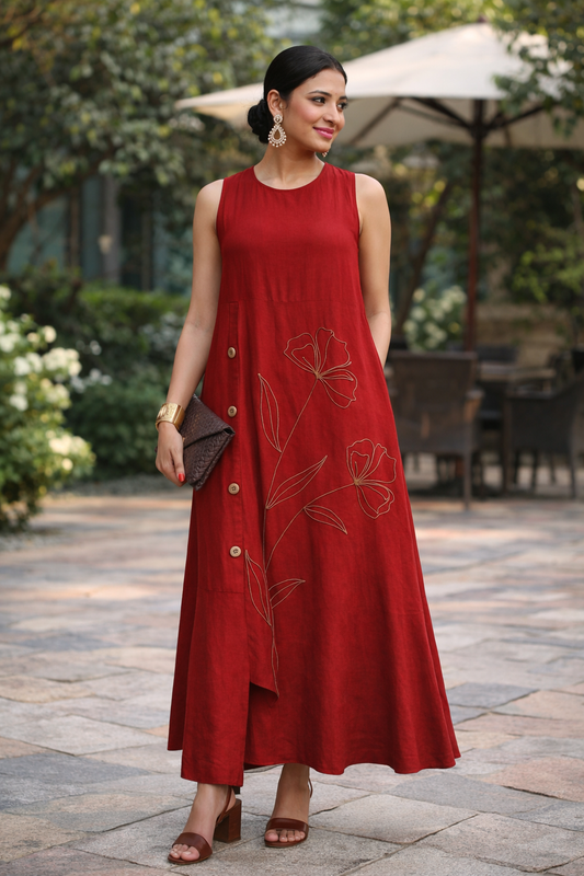 A LINE LONG EMBROIDERED KHADI DRESS IN RED.